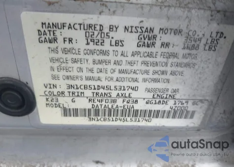 2005 Nissan Sentra 1.8S z USA, uszkodzony, nr VIN 3N1CB51D45L531740
